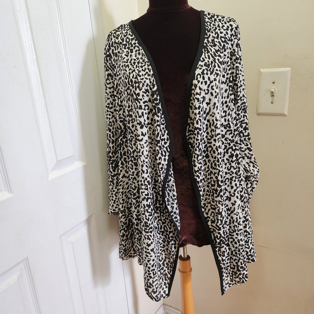 New York & Company Black and White Leopard Print Open-Front Cardigan